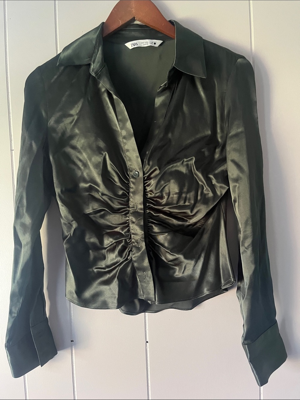 Zara Olive Satin Ruched Button-Front Shirt - Picture 9 of 13